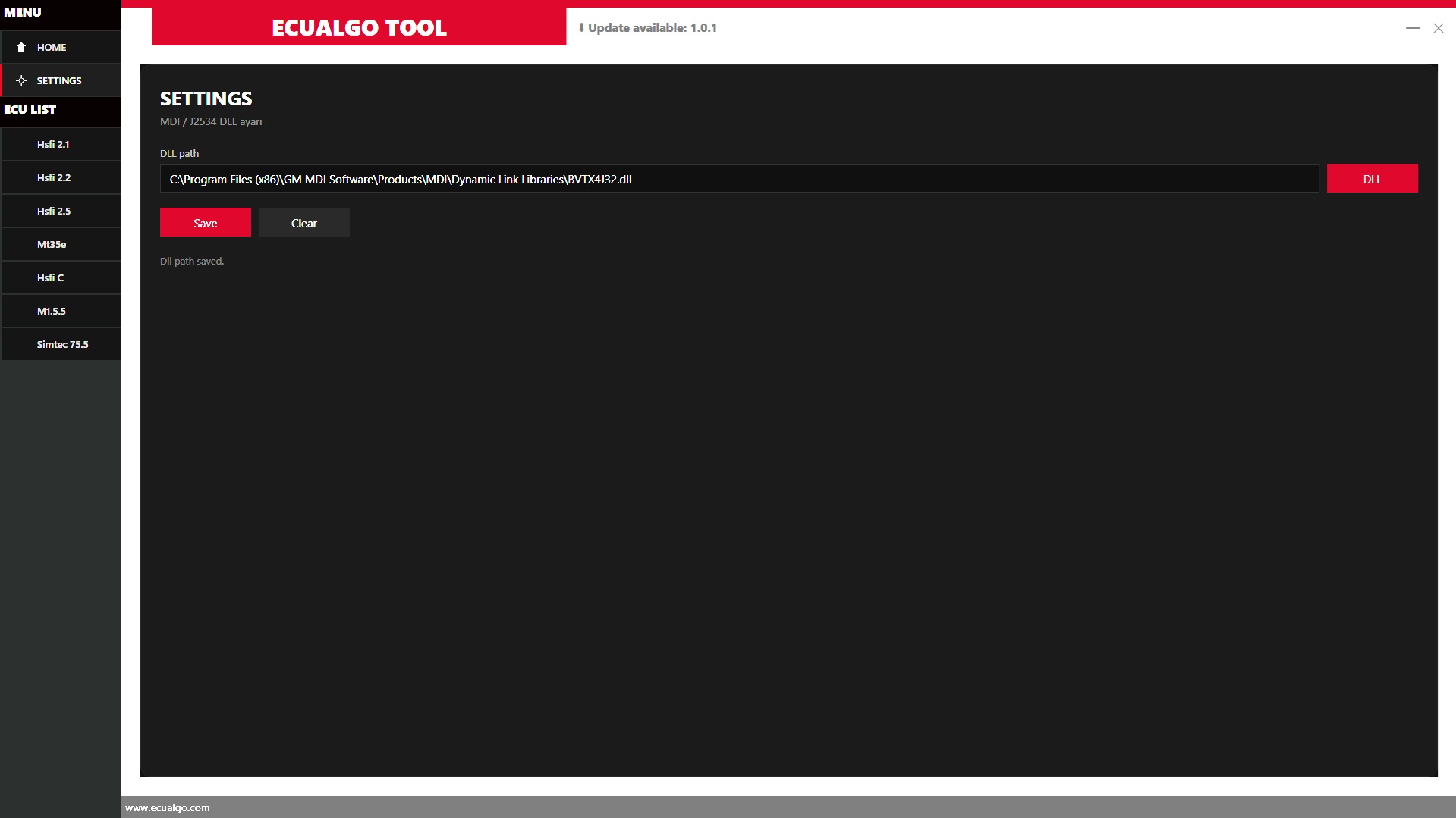 EcuALgo J2534 MDI settings and DLL path configuration screen